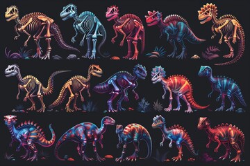 Wall Mural - Glowing against the dark canvas, a series of neon dinosaur silhouettes form an intriguing collection of signs.