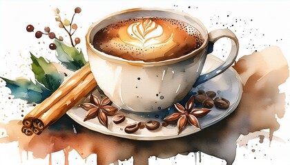 Wall Mural - watercolor painting of cup with hot coffee drink with cinnamon and cloves