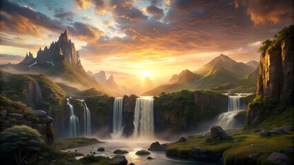 a mountain landscape with a waterfall and the sun shining on it.