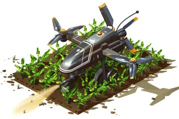 Wall Mural - Environmental technology in agriculture benefits from advanced farming techniques, utilizing drones and isometric vector illustrations for digital field management