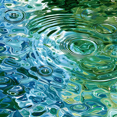 Wall Mural - The image is of a body of water with green and blue colors. The water has ripples and drops, creating a sense of movement and life. Scene is calm and serene, with the water appearing peaceful