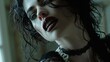Visualize a woman vampire at a gothic ball, her fangs on display as she leans in to whisper a dark secret