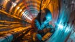 Visualize a welder in a durable mask, inspecting a newly welded pipeline section in a welllit tunnel construction site