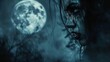 Visualize a woman vampire in a gothic forest, her fangs visible as she stalks her prey under a full moon