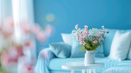 Wall Mural - Modern blue living room design with sofa and furniture. Blurred bright living room with sofa and flowers. wide panorama, use for background,