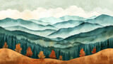 Fototapeta  - beautiful of rolling hills, forested valleys and mountains in the background, with a few clouds in the sky