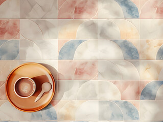 Wall Mural - A coffee cup sits on a plate on a table with a colorful tile pattern. The tile pattern is a mix of pink, blue, and white, and it creates a sense of warmth and comfort