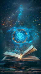 mystical book with glowing symbols and stars - an open book with magical symbols floating above it a
