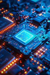 Poster - Close-up of illuminated blue circuit board - This image features a close-up of a complex electronic circuit board with illuminated blue lights, highlighting the intricate pathways