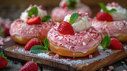 Canvas Print - A side view of strawberry doughnuts topped with vanilla ice cream and mint leaves is displayed on a rustic wooden table for Doughnut Day celebrations