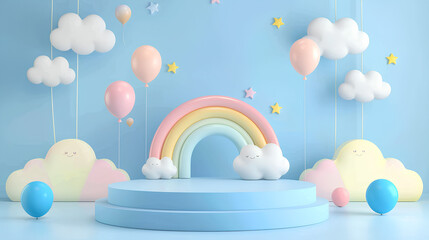 Poster - Background podium baby cute product 3d cloud kid children display banner room toy design blue. Podium scene boy background rainbow baby stand studio presentation shower template sale stage poster sky