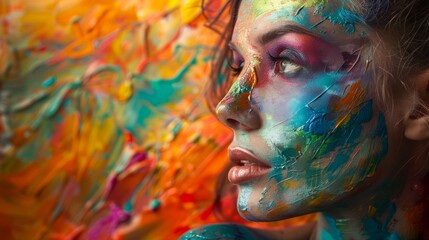 Wall Mural - Abstract colorful portrait of girl, young woman. Modern art oil painting on female face. Artwork by artist