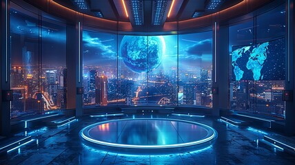 Poster - Futuristic control room with earth view - A modern control room with holographic displays of Earth and cityscape at night captures the essence of futuristic design