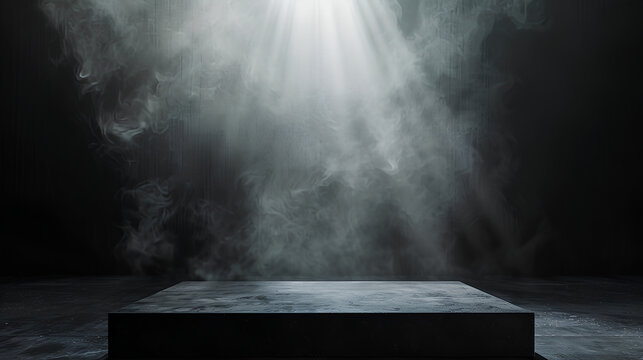 platform abstract stage texture fog spotlight. Dark black floor podium dramatic empty night room table concrete wall scene place display studio smoky dust