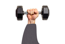A Mans Hand Holding A Heavy Dumbbell Gym Weight. Trendy Collage Design Style