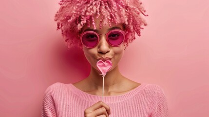 Poster - A woman sporting pink hair and stylish sunglasses proudly displays a heart shaped tissue attached to a stick