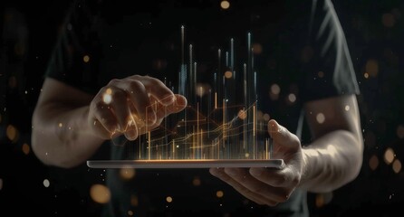 A man holding an iPad with holographic graphs and charts showing rising stock market data, representing growth in the financial industry. 