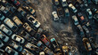 Top view of the dump of old rusty broken cars. The concept of environmental pollution