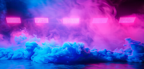 Wall Mural - Abstract stage setting with deep blue smoke and radiant pink neon lighting effects.