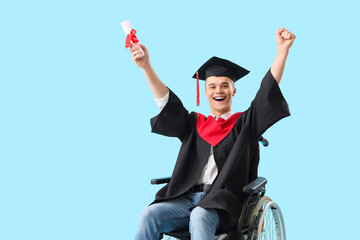 Sticker - Happy male graduate in wheelchair with diploma on blue background