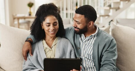 Poster - Couple, tablet and couch to relax, streaming and subscription to watch, movie and film for date night. Home, woman and man with choice of video, digital and internet for entertainment in weekend