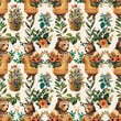 Fashion Bear wears ancient clothes holding a basket of flowers, bear, watercolor, textile, seamless pattern, background, illustration, cartoon design