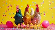 Three Chickens Wearing Party Hats And Covered In Confetti, With Two Pink Balloons And Confetti In The Background.
