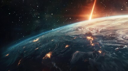 Wall Mural - a comet streaks past planet earth in a mesmerizing display as thoughts of apocalypse armageddon and 