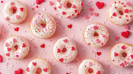 Canvas Print - A bird s eye view of Valentine s Day donuts featuring sweet icing and colorful sugar sprinkles atop a pink backdrop