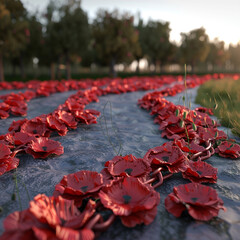 Wall Mural - Digital poppies encircle a memorial site in 3D visualization, representing unity and remembrance.