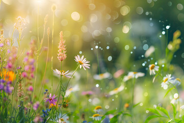 Sticker - Colorful flower meadow with sunbeams and bokeh lights in summer - nature background banner with copy space - summer greeting card wildflowers spring concept