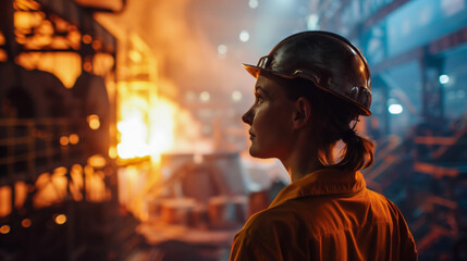 Wall Mural - European woman working as a foreman at a steel mill, wearing a hard hat and observing the operations with industrial equipment in the background