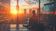 © Pailin - Man is working the future life until morning thought window of building with sunrise.