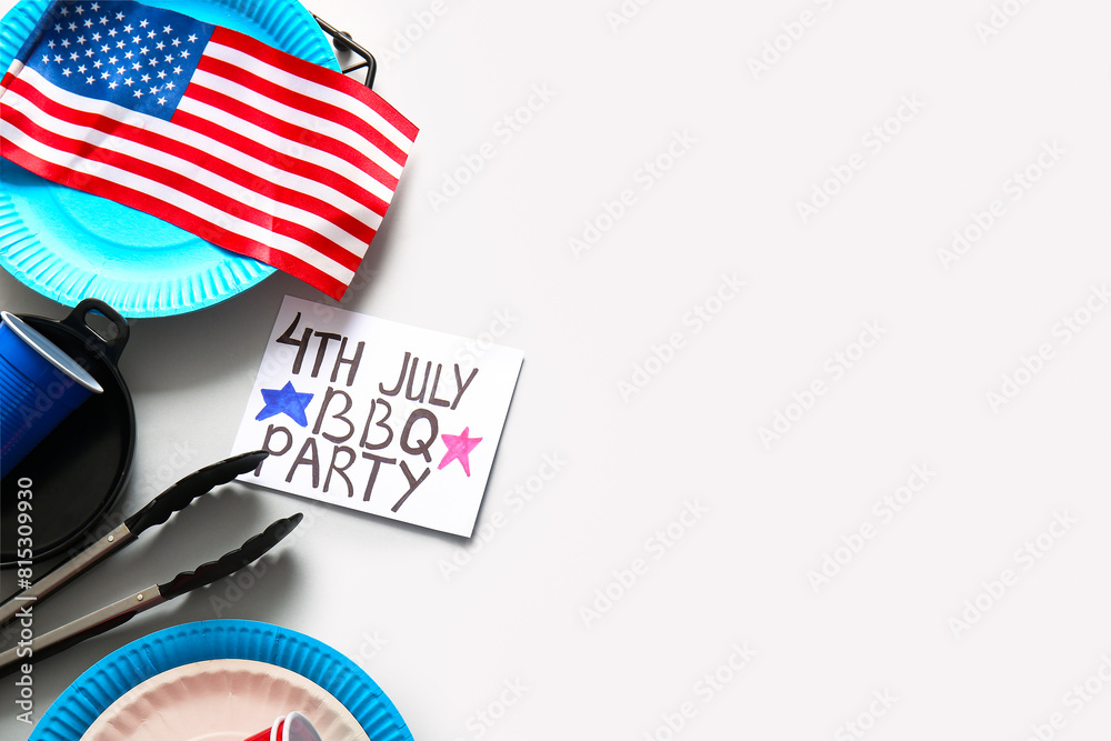 Card with text 4th JULY BBQ PARTY, dinnerware and USA flag on grey background