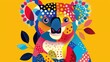 A playful and colorful koala bear with polka dots texture, set against a bright yellow background in a geometric style