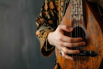 Balalaika player, close up view on hand