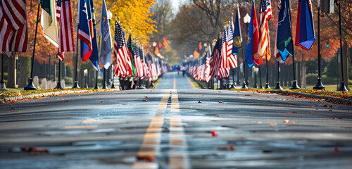 Wall Mural - Dramatic view from the front of flags leading a Veterans Day parade.