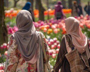 Wall Mural - a group of malay muslim ladies walking down park during peak Spring season