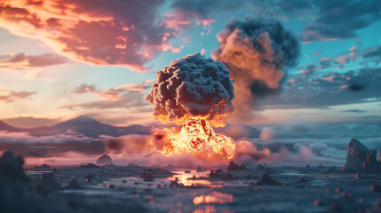 Terrible explosion of a nuclear bomb. Hydrogen bomb test. Nuclear catastrophe. Generative AI illustration 