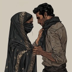 Canvas Print - a Indian Muslim man helping his wife to wear niqab