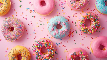 Canvas Print - Imagine vibrant donuts adorned with a rainbow of sprinkles set against a playful pink backdrop an embodiment of National Donut Day celebration