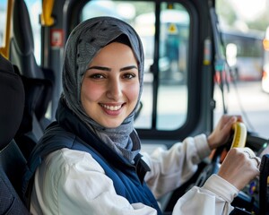 Wall Mural - a smiling young muslim woman working as a busdriver