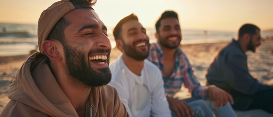 Wall Mural - American Muslim men sitting together on a beach laughing in the afternoon