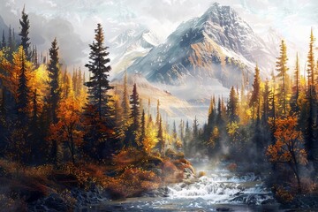 Wall Mural - autumn serenity misty mountains embrace flowing forest waters ai generated artwork