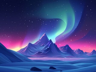 Wall Mural - Northern lights display flat design side view polar theme cartoon drawing Analogous Color Scheme