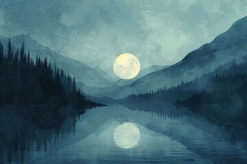 Wall Mural - Moonlit lake flat design top view serene theme water color Monochromatic Color Scheme