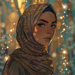 Wall Mural - illustration of a Muslim fashionista, luxury urban trendsetter, Ramadan aesthetic