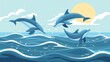 Blue ocean with dolphins flat design front view, playful theme, cartoon drawing, Triadic color scheme