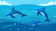 Blue ocean with dolphins flat design front view, playful theme, cartoon drawing, Triadic color scheme
