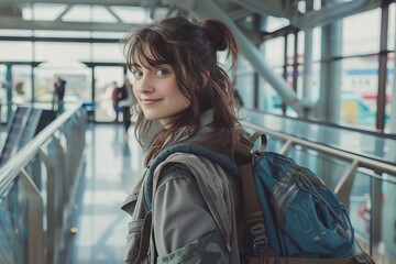 fashionable young woman with backpack waiting at airport solo travel adventure begins